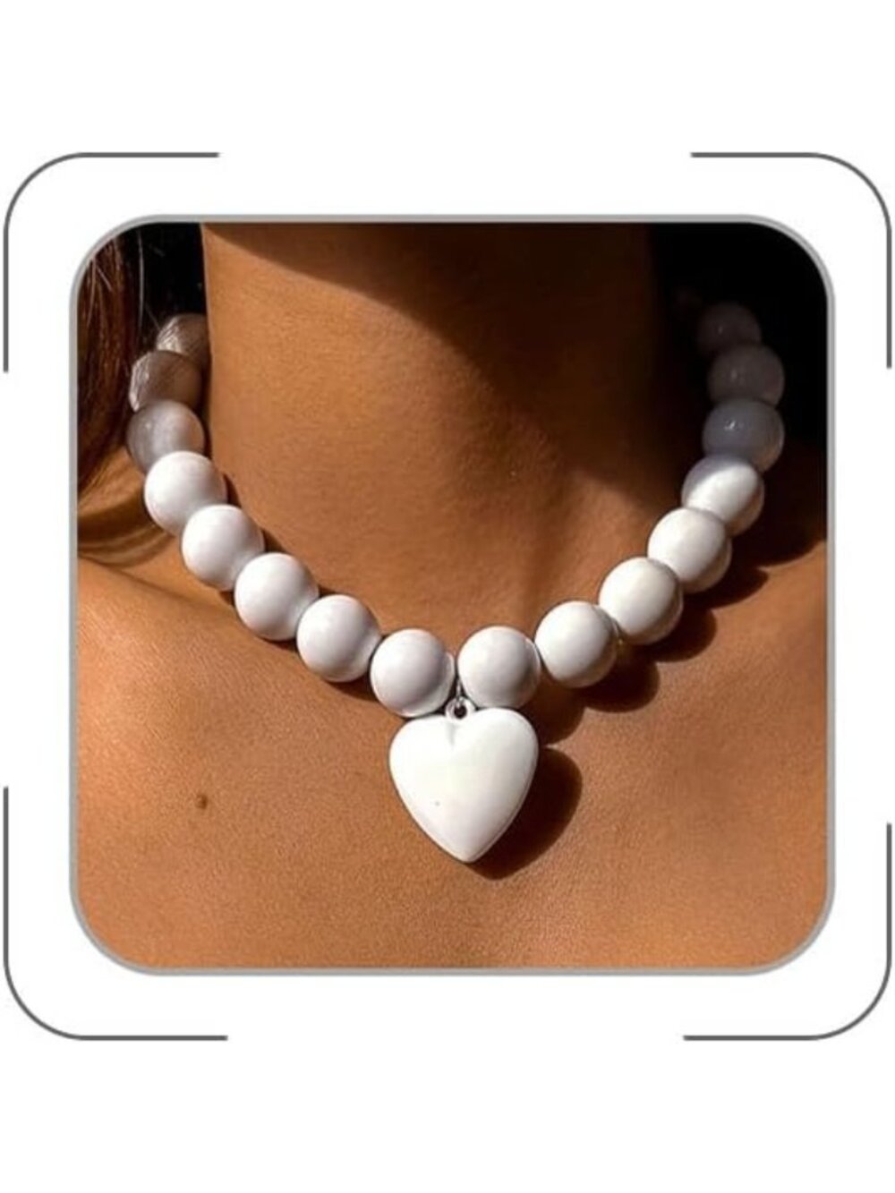 Women's White Chunky Beaded Heart Pendant Necklace Trendy Y2k Choker Gift